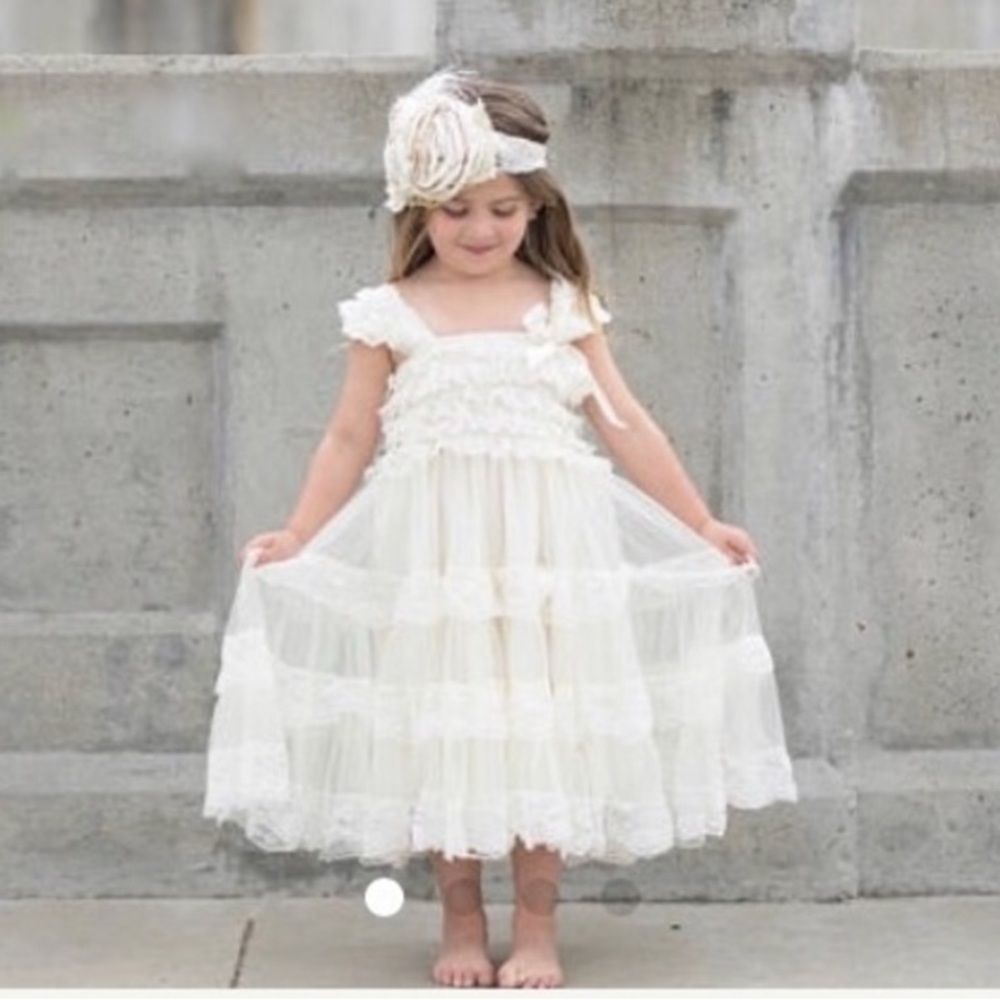 Boutique Girls Ivory Tulle Dress Size 8 Flower Girl Boho Rustic Wedding NEW